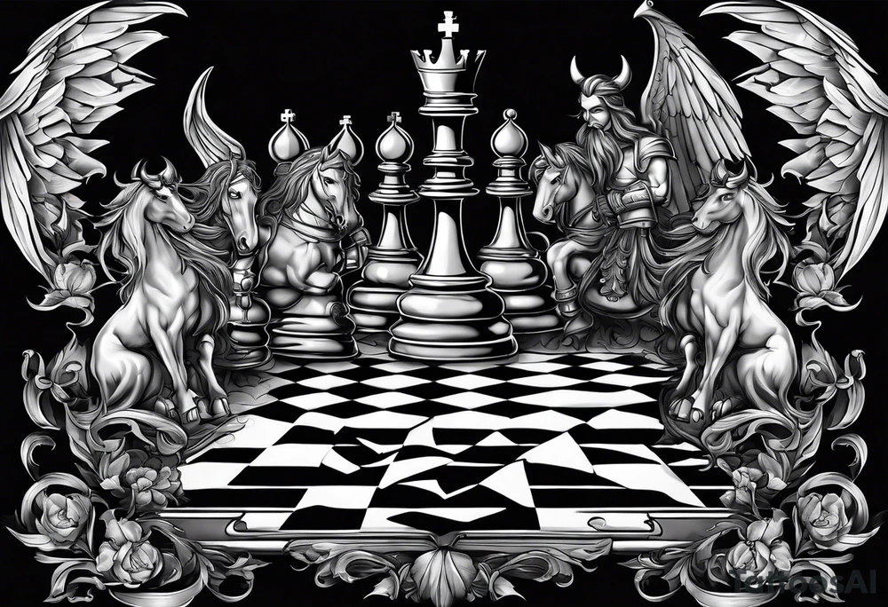 a chessboard with angelic and demonic chess pieces engaged in a strategic game, symbolizing the eternal battle between opposing forces. tattoo idea