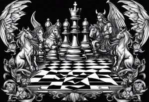 a chessboard with angelic and demonic chess pieces engaged in a strategic game, symbolizing the eternal battle between opposing forces. tattoo idea