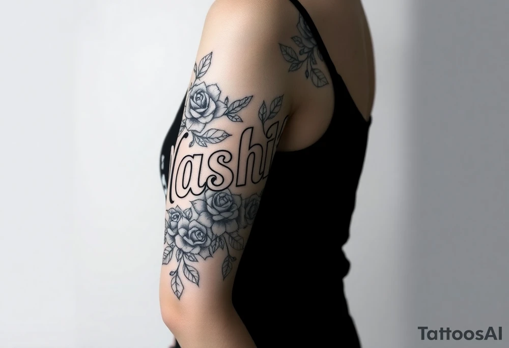 the word Nashika with roses tattoo idea