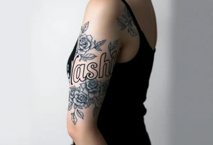 the word Nashika with roses tattoo idea