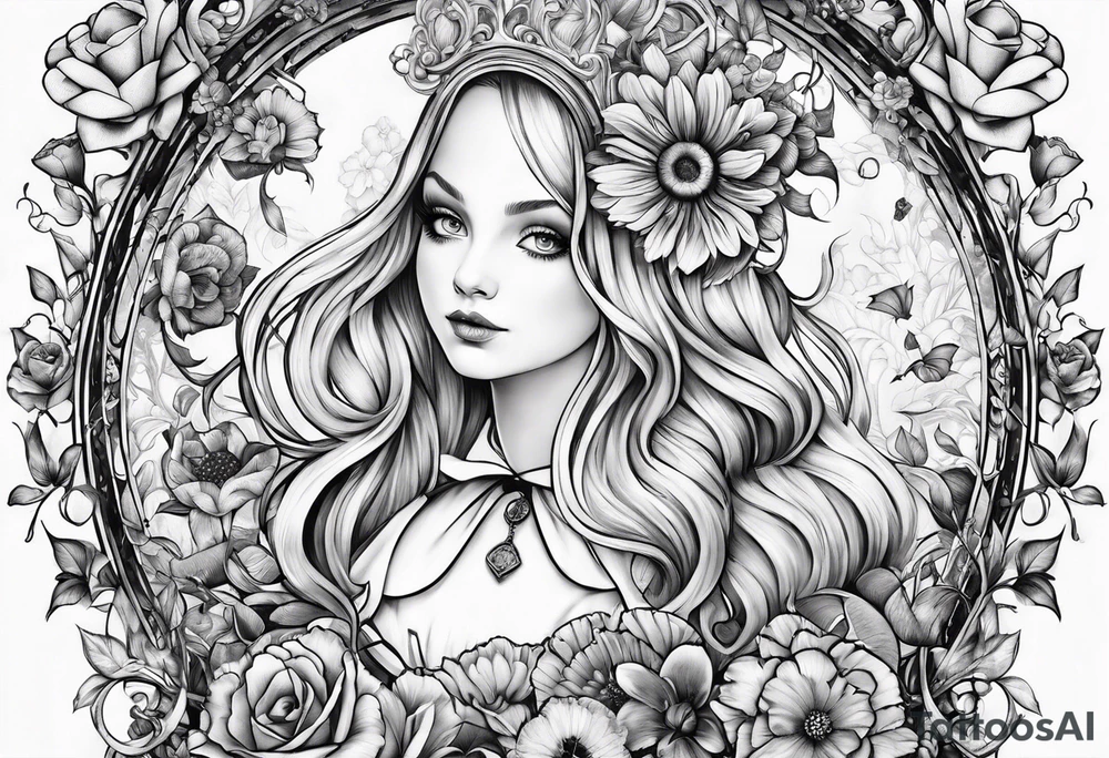 Alice in wonderland through the looking glass with flowers everywhere tattoo idea Alice in wonderland through the looking glass with flowers everywhere tattoo idea