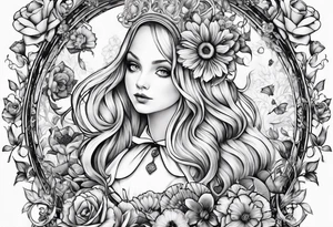 Alice in wonderland through the looking glass with flowers everywhere tattoo idea