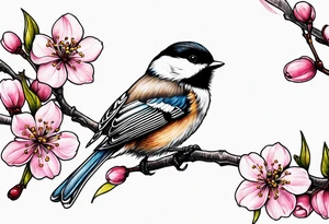 Chickadee on cherry blossom branch tattoo idea