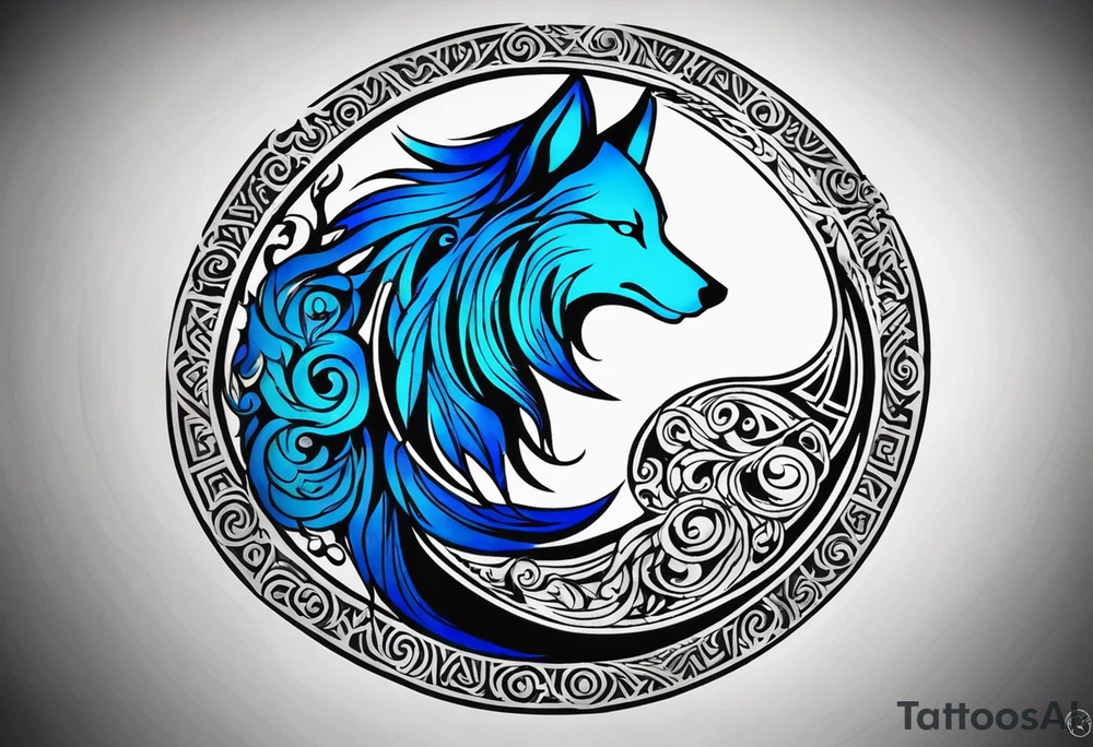 a tattoo whose main theme is balance but also resembles new begining, strong willpower, peace and loyalty. This should be for the front part of the shoulder. maybe add the ying-yang symbol somewhere in the tattoo. Tattoo should have an equal amount of blue and red along with the overall tattoo being black. In corporate a wolf into the tattoo, make sure it resembles ing and yang. wolf needs to look dangerous tattoo idea
