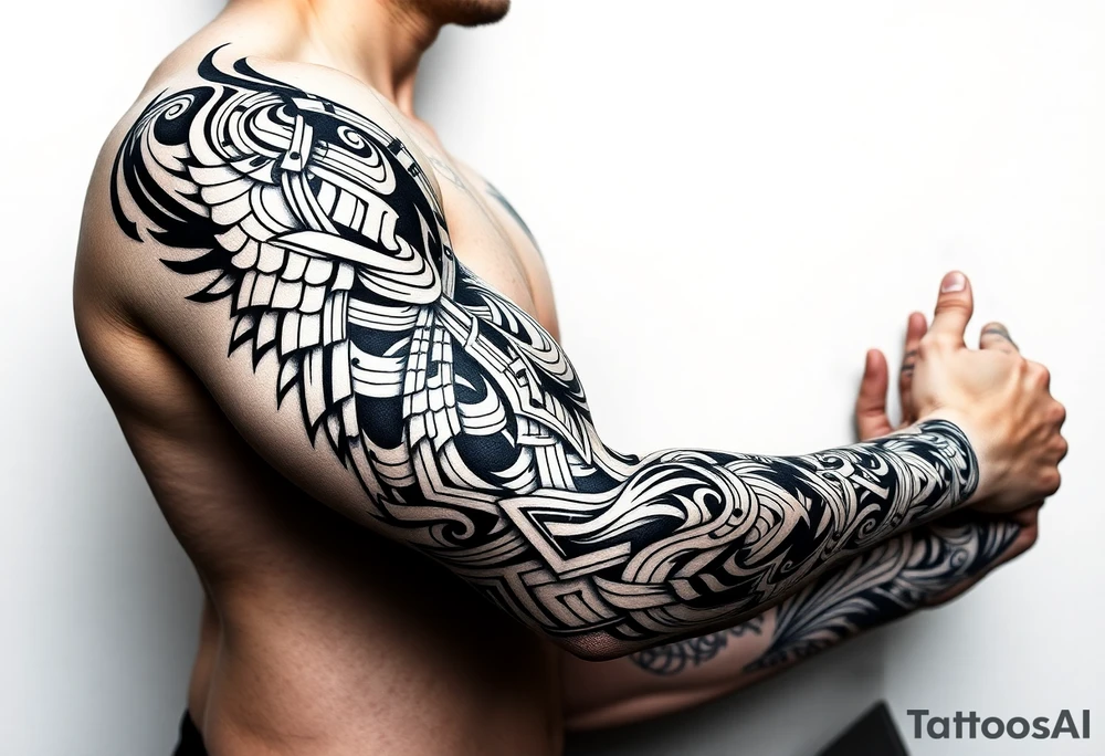 Full sleeve with Sicilian and tribal aesthetics tattoo idea