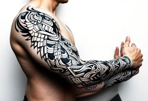 Full sleeve with Sicilian and tribal aesthetics tattoo idea