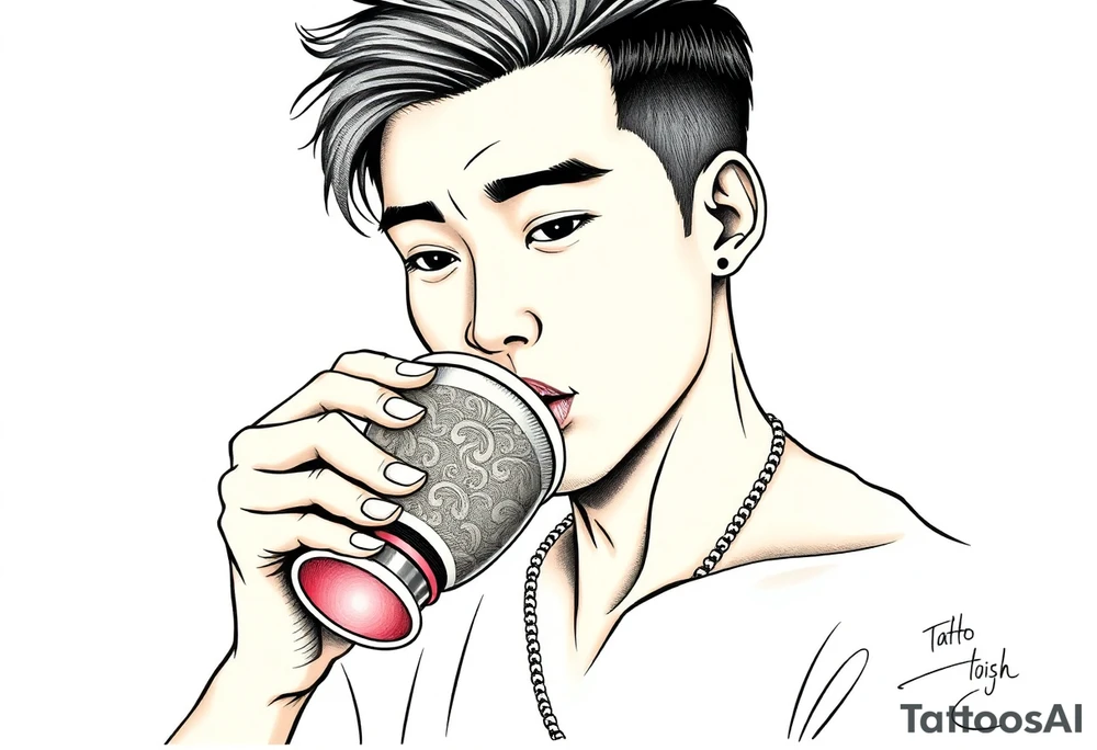 Handsome Asian young guy is drinking from medieval feast cup tattoo idea