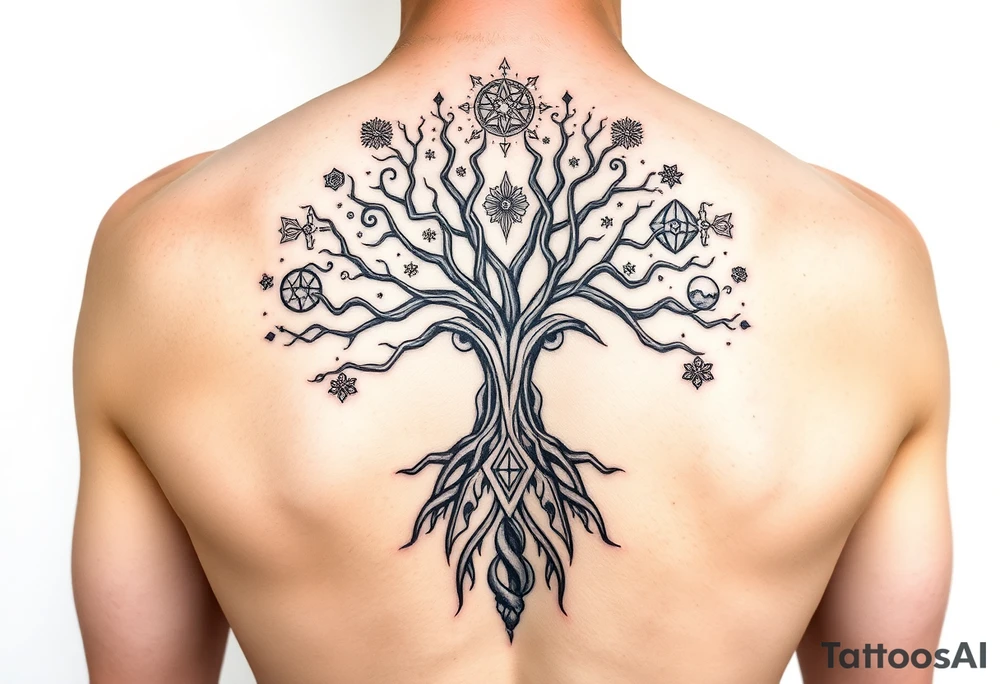geometrical mystical tree of life with cosmic roots and celestial symbols branches with HIV-positive symbol tattoo idea