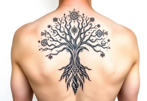 geometrical mystical tree of life with cosmic roots and celestial symbols branches with HIV-positive symbol tattoo idea