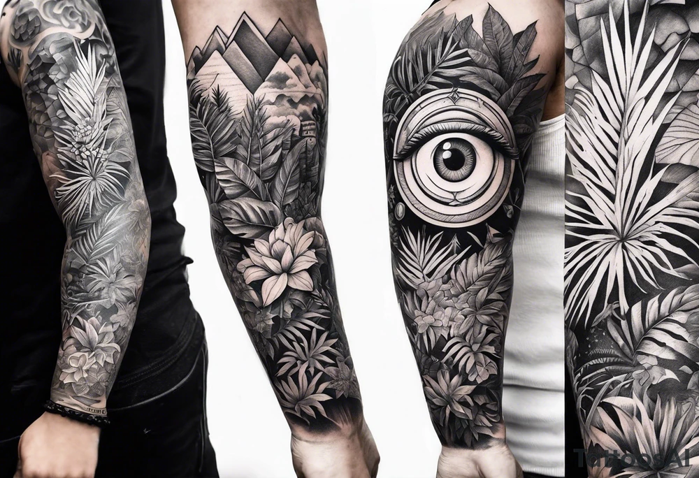sleeve tattoo with all-seeing eye and jungle plants tattoo idea sleeve tattoo with all-seeing eye and jungle plants tattoo idea