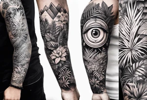 sleeve tattoo with all-seeing eye and jungle plants tattoo idea