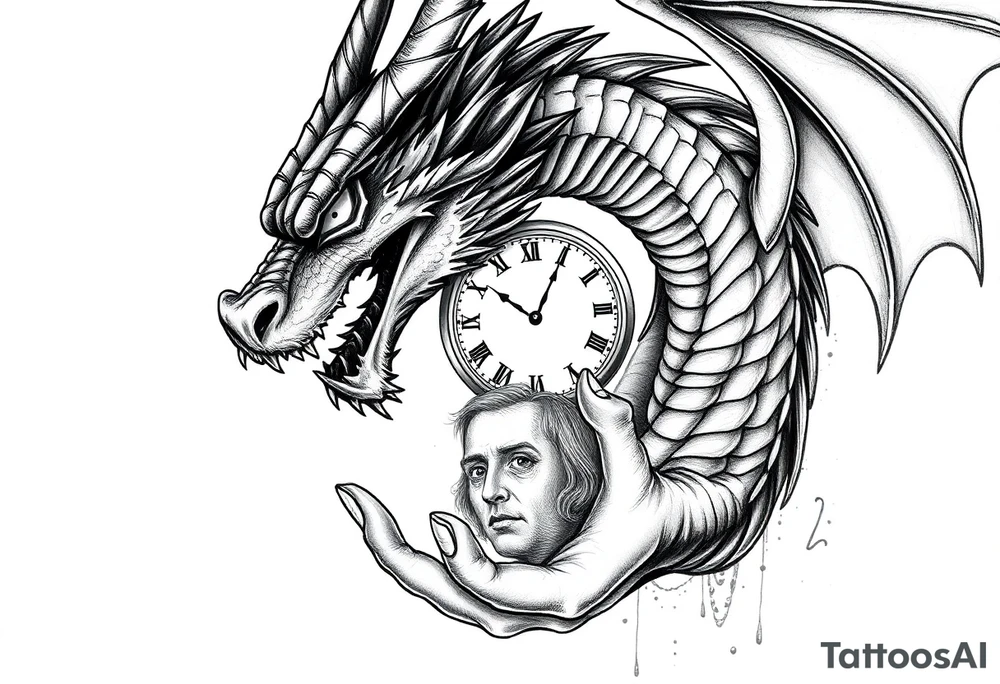 Horror dragon tattoo with clock, dollars and palm on background tattoo idea