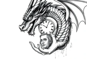 Horror dragon tattoo with clock, dollars and palm on background tattoo idea