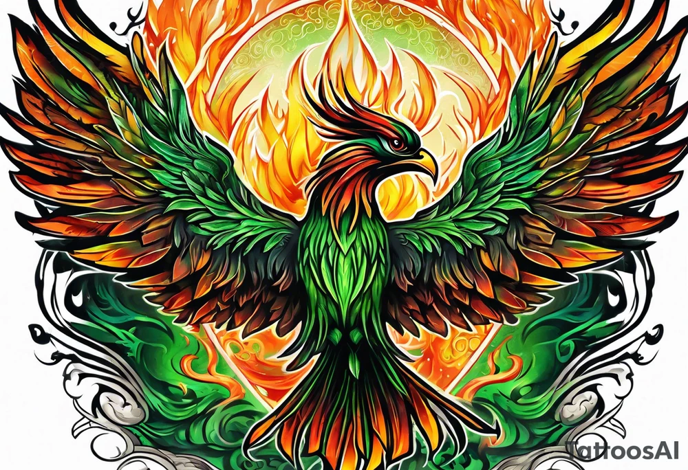 Phoenix rising from green ashes tattoo idea