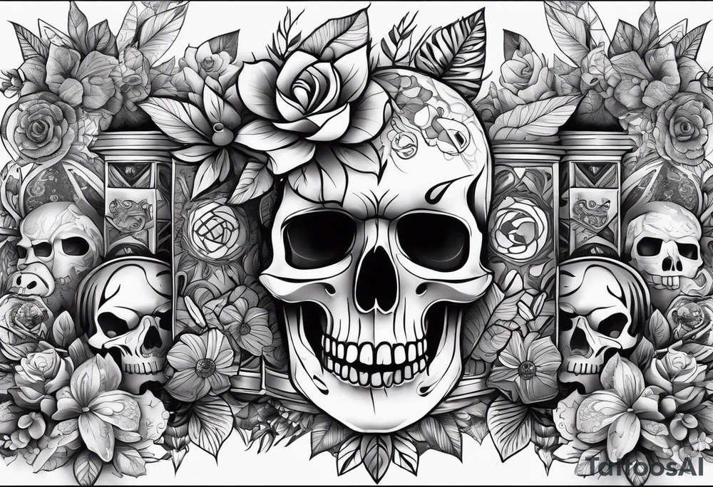 Full tattoo sleeve with flowers, leaves, dogs, drugs, money, euro bank notes, skull, with tribal eyes tattoo idea