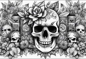 Full tattoo sleeve with flowers, leaves, dogs, drugs, money, euro bank notes, skull, with tribal eyes tattoo idea