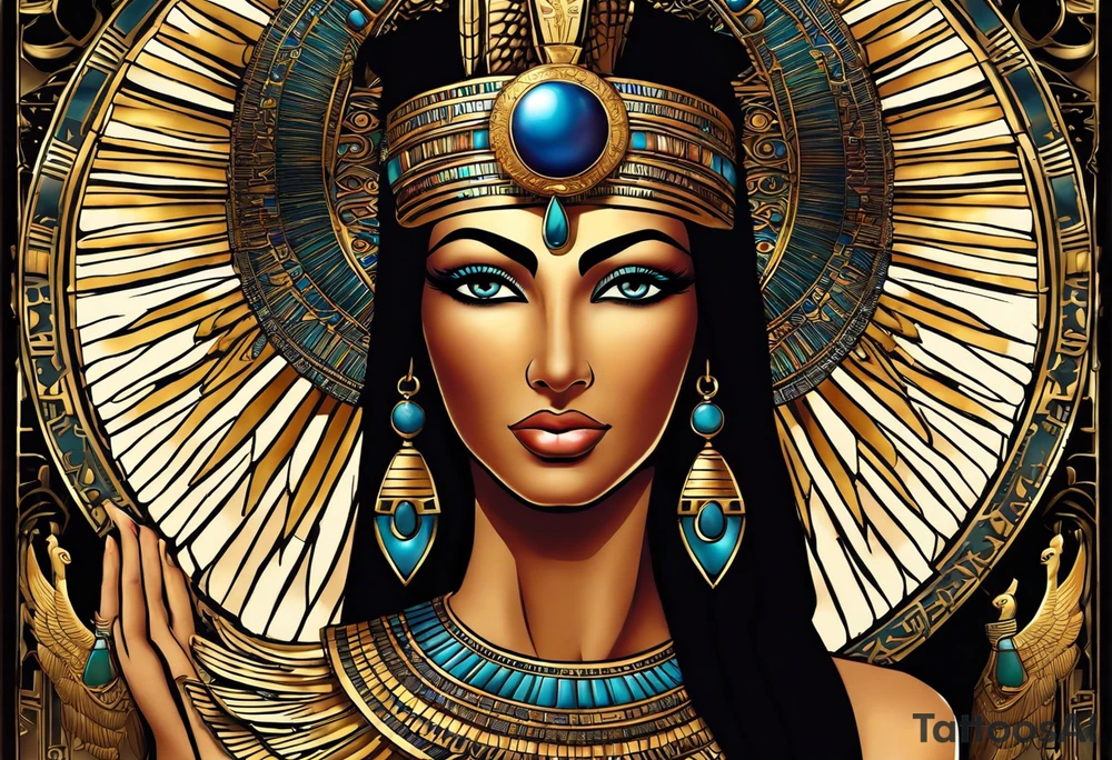 Egyptian goddess Isis, who is often depicted as a woman with outstretched wings, holding an ankh (a symbol of life) in one hand and a lotus flower in the other. Her headdress often includes a throne or a solar disk. The tattoo design can vary in style and size, but it typically aims to capture the essence of this revered Egyptian deity, emphasizing her beauty, power, and maternal qualities. The choice of colors and additional elements can also be customized to create a unique and visually striking representation of the goddess Isis in black and white tattoo idea
