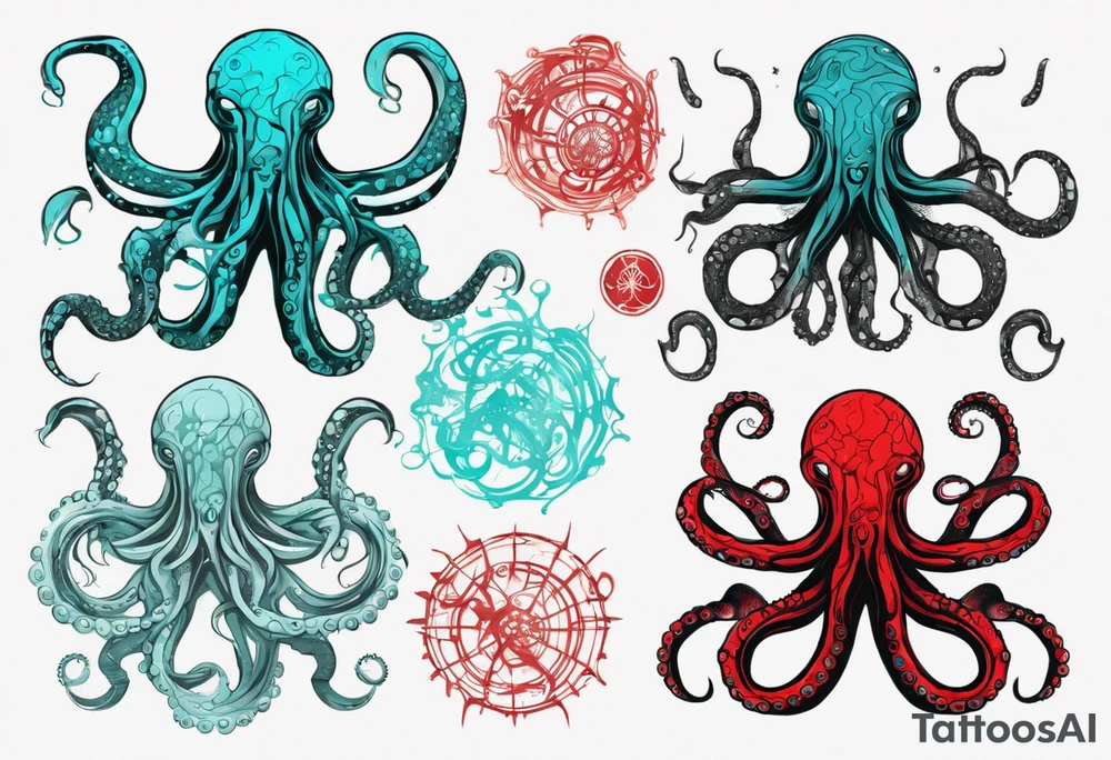 an art in the style of abstract, lovecraft, octopus, textured pigment planes, red and cyan, stencil art tattoo idea