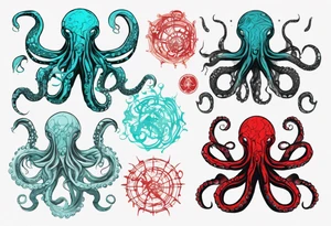 an art in the style of abstract, lovecraft, octopus, textured pigment planes, red and cyan, stencil art tattoo idea