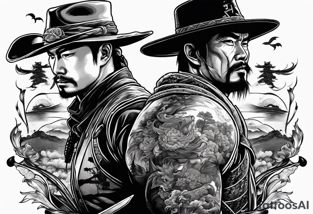 an American cowboy and a japanese samurai fighting each other in battle tattoo idea