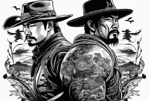 an American cowboy and a japanese samurai fighting each other in battle tattoo idea