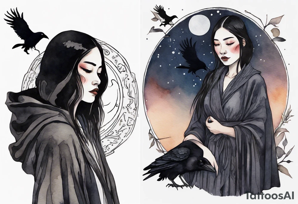 a Dakota woman wearing a black cloak, standing before the night sky with a crescent moon, a raven on her shoulder tattoo idea
