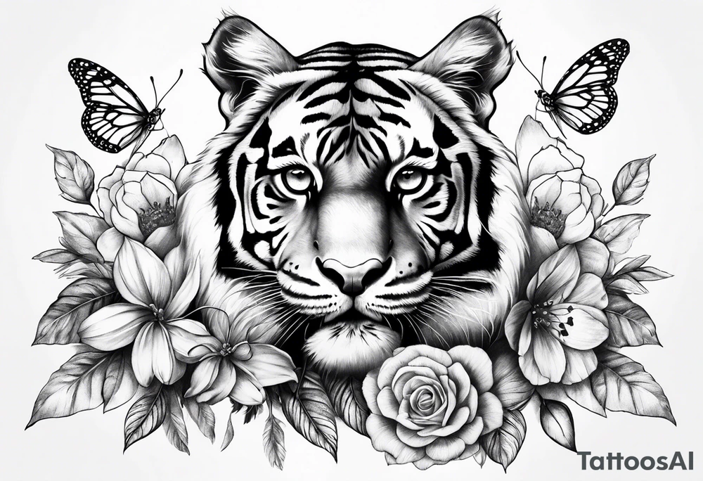 realistic tiger full length, 3 butterflies, flowers for ladies thigh / hip shaded tattoo idea