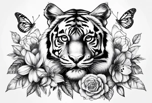 realistic tiger full length, 3 butterflies, flowers for ladies thigh / hip shaded tattoo idea