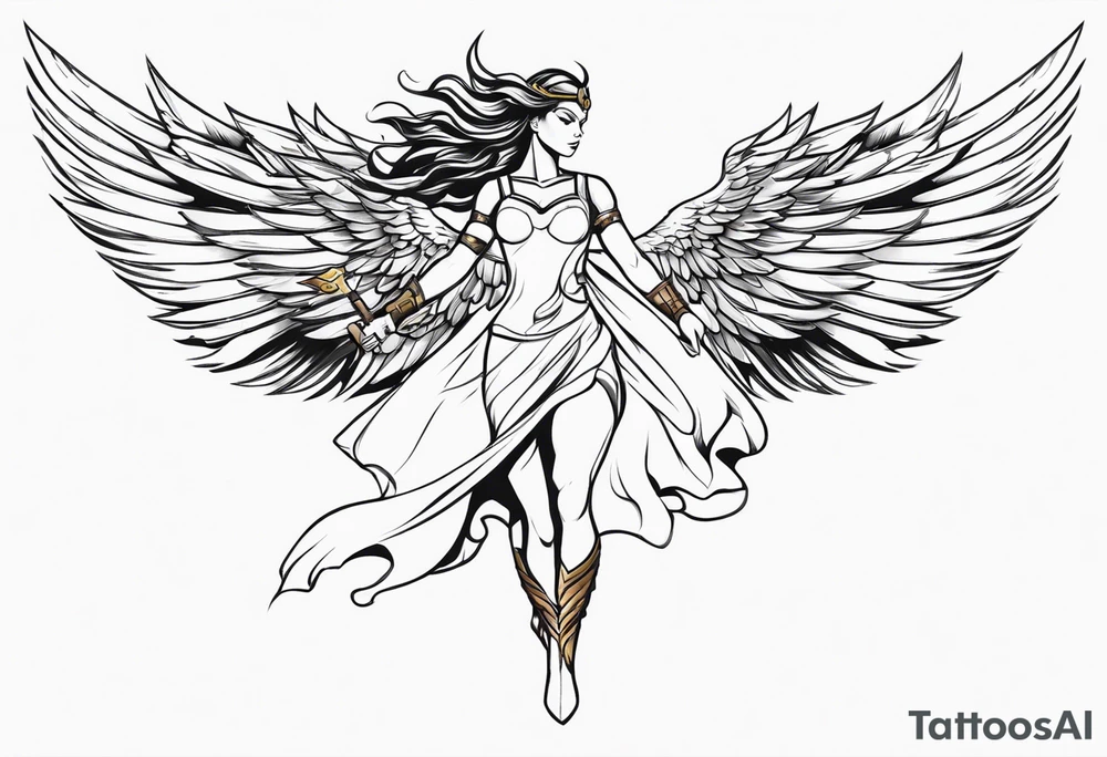 The full body of a Valkyrie with wings flying tattoo idea