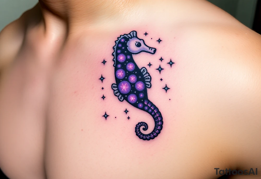 A celestial seahorse floating among the stars, its body made of constellations glowing in purples and silvers. tattoo idea