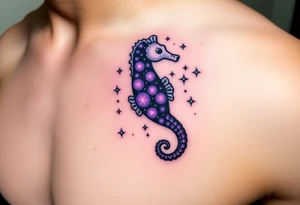 A celestial seahorse floating among the stars, its body made of constellations glowing in purples and silvers. tattoo idea