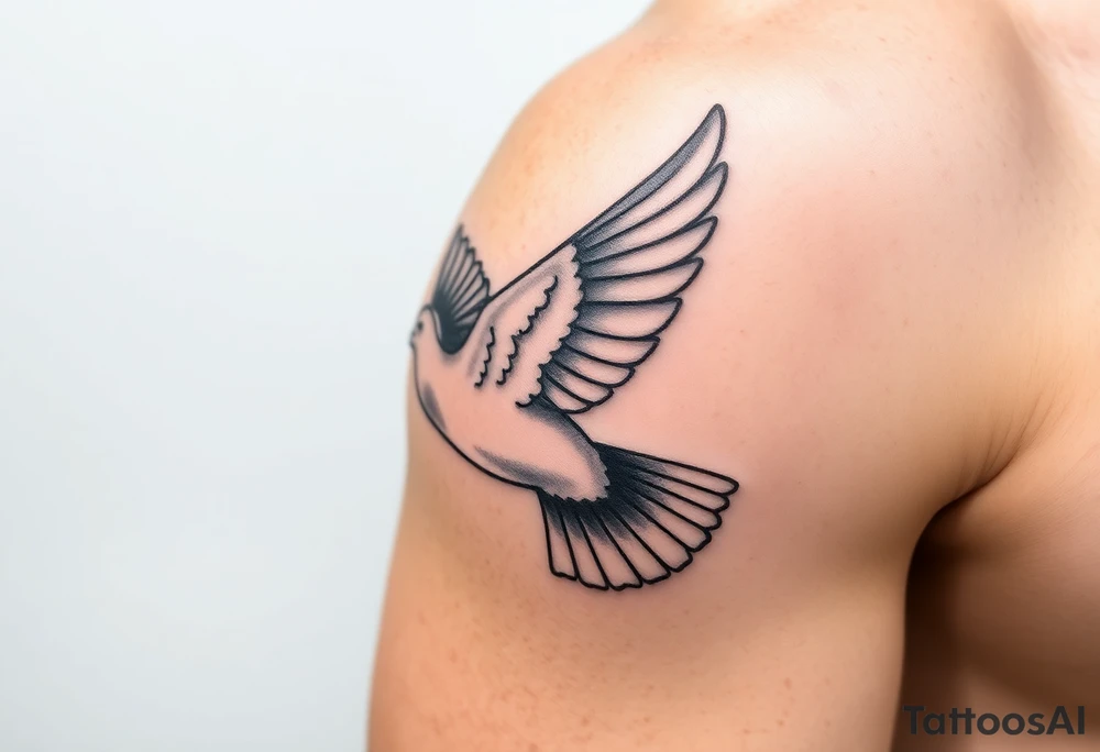 A realistic collared dove in flight, wings spread wide with soft gray and white feathers, symbolizing peace and freedom tattoo idea