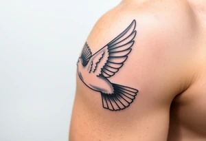 A realistic collared dove in flight, wings spread wide with soft gray and white feathers, symbolizing peace and freedom tattoo idea