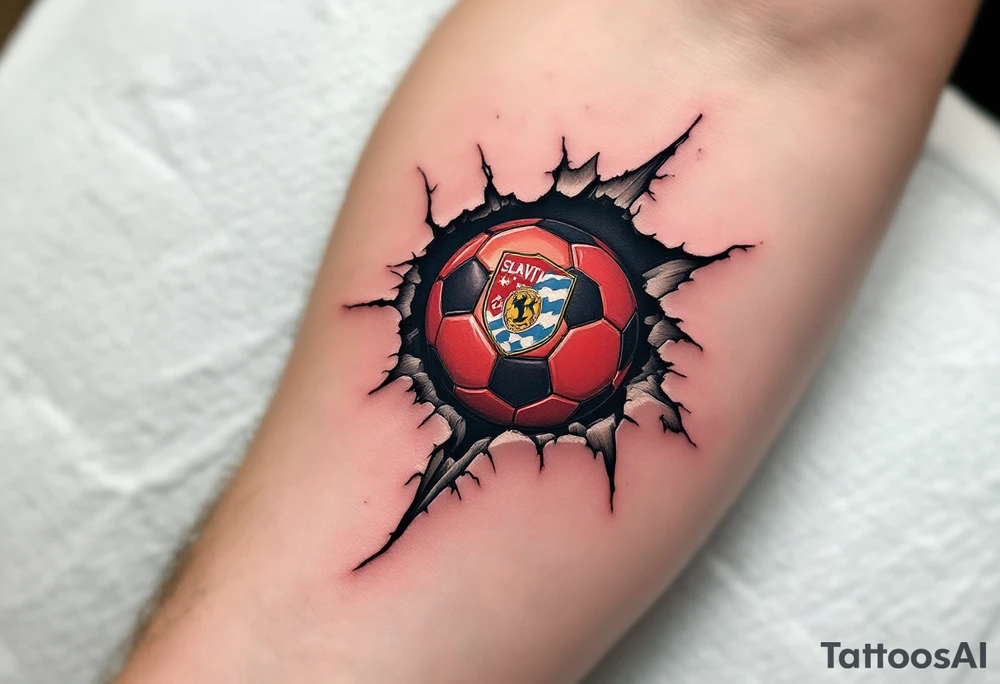 A torn-skin tattoo showing a red soccer ball beneath the skin, emblazoned with the Slavia crest. tattoo idea