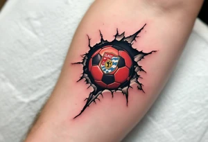 A torn-skin tattoo showing a red soccer ball beneath the skin, emblazoned with the Slavia crest. tattoo idea