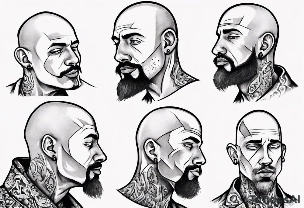 bald heartbroken man closeup goatee tattoo idea