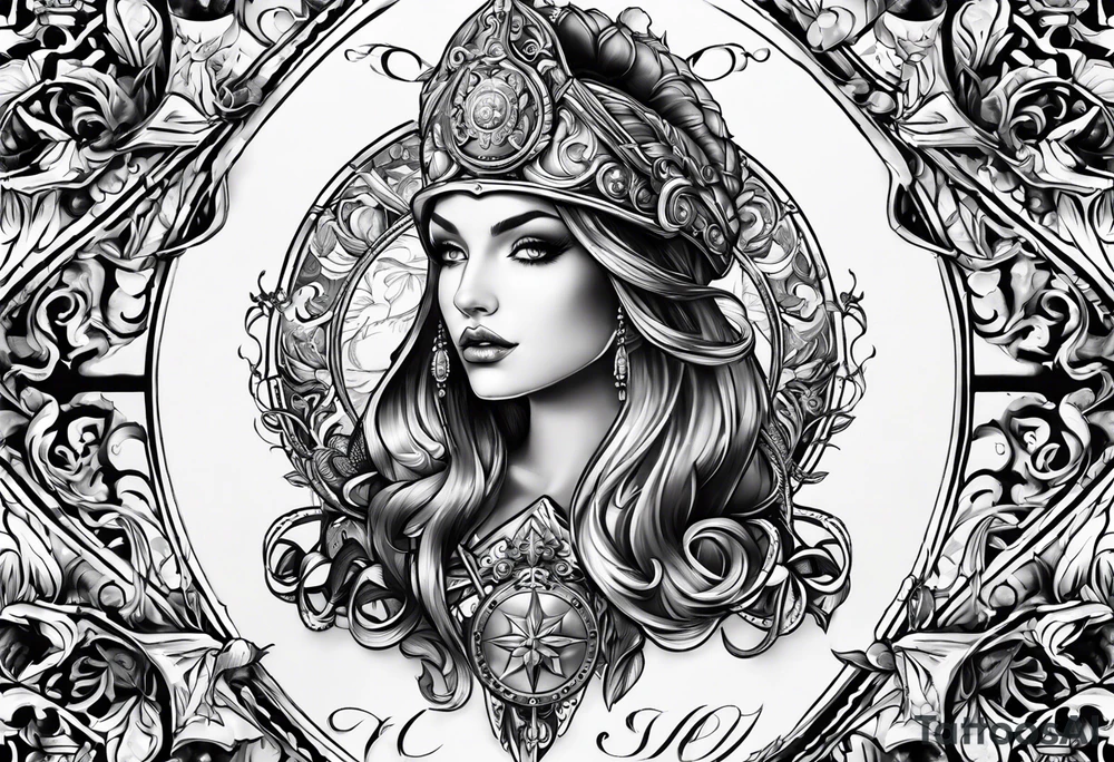 with a lady juctice emblem a sword and a scale tattoo idea