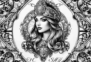 with a lady juctice emblem a sword and a scale tattoo idea