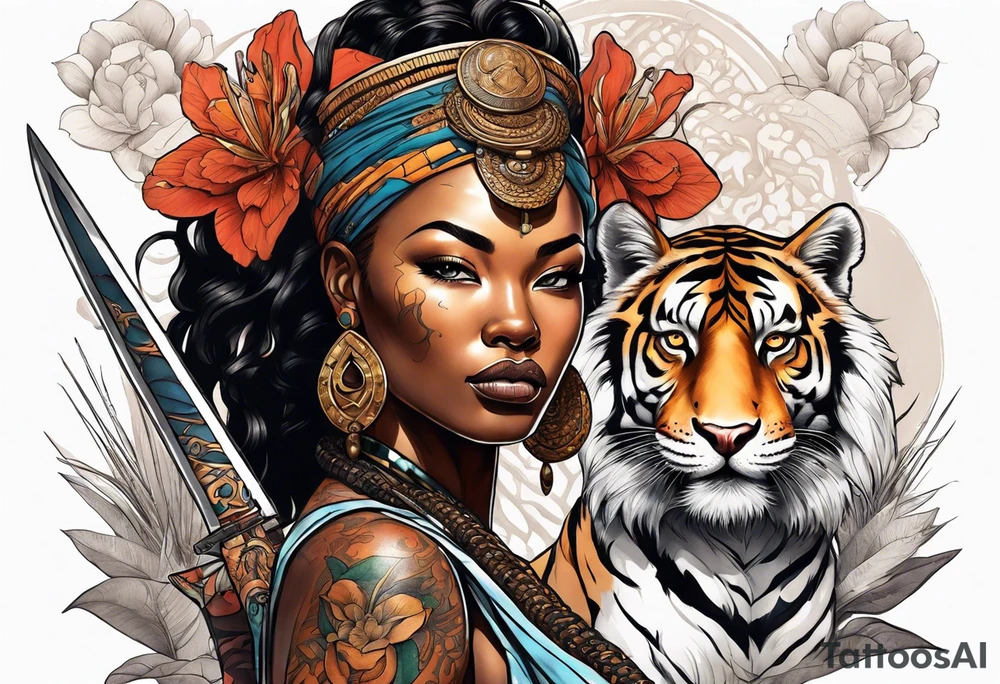 African goddess with sword in hand and tiger Japanese traditional style tattoo idea