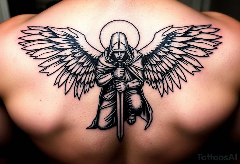 Soldier Angel with long sword kneeling looking down cloak over head wings spread tattoo idea tattoo idea