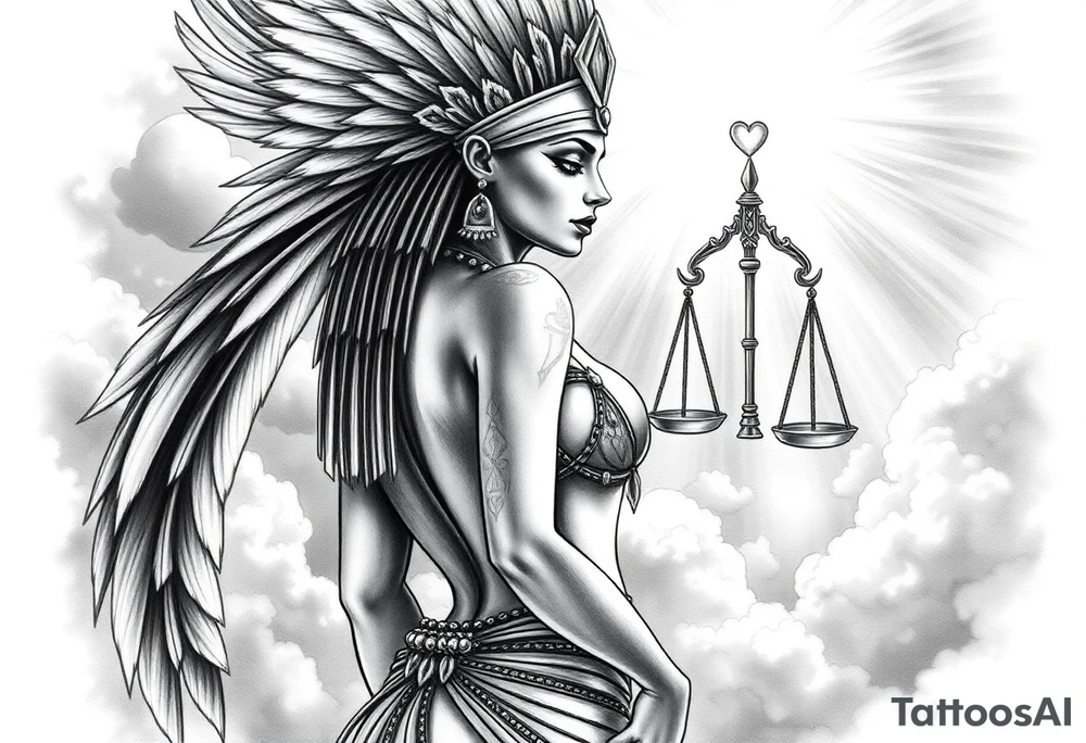 Sexy Egyptian goddess with a curvy body, slightly turned So you can see her ass. She is wearing an ostrich feather headdress, and intricate ancient Egyptian jewelry. Background includes something similar to heaven. Incorporate the Scales of Justice—one side holding a heart, the other Ma’at’s feather—glowing with ethereal energy. Emphasize dramatic lighting, deep shadows, and surreal, mystical atmosphere tattoo idea