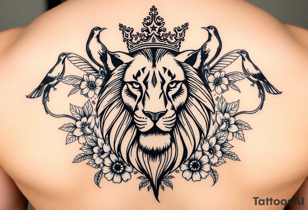 powerful majestic lion with a crown, surrounded by floral ornaments and birds tattoo idea