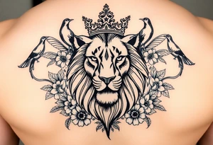 powerful majestic lion with a crown, surrounded by floral ornaments and birds tattoo idea