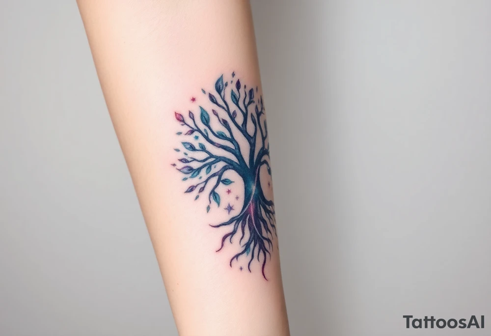 mystical tree of life with cosmic roots and celestial branches tattoo idea