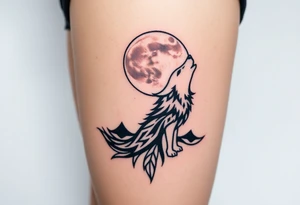lone wolf howling at full moon with northern lights backdrop tattoo idea