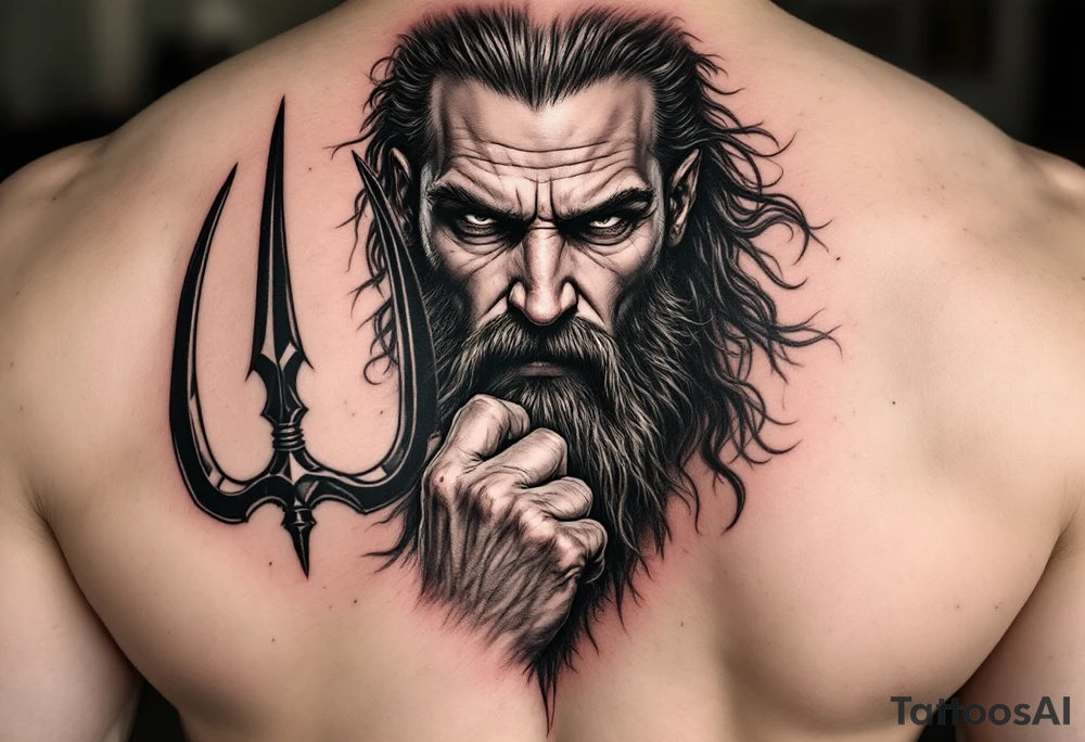 fit poseidon, behind a trident, looking at his nose tattoo idea
