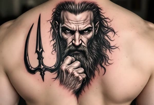 fit poseidon, behind a trident, looking at his nose tattoo idea