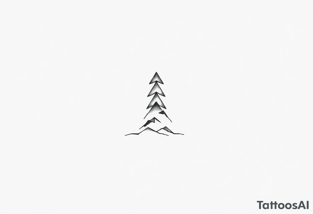 A stacked geometric design resembling a trail marker, consisting of three progressively smaller angular “arrowhead” shapes pointing upward. Beneath the arrow shapes, a thin, curved line flows gently, representing terrain, trails, or movement across landscapes. The design is abstract and highly symbolic, with clean, sharp edges. tattoo idea
