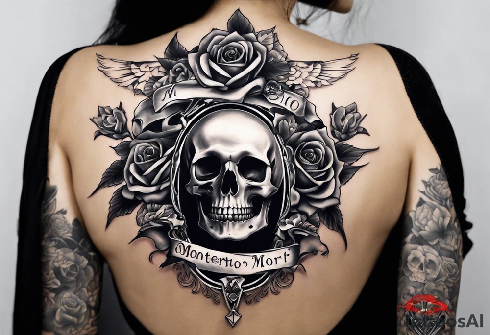 back tattoo with the word momento mori included plus two hands coming together. One skeleton the other real. would also like a sword/something similar going down my spine 

No roses or skulls tattoo idea