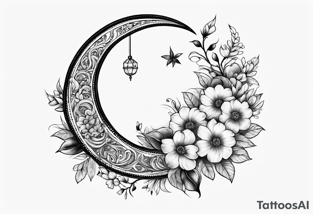 Crescent moon with flowers and beading tattoo idea